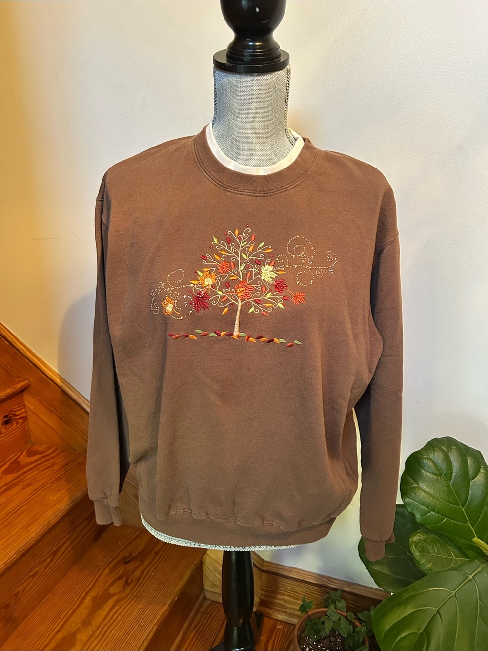 Brown Embroidered Fall Tree Crewneck Sweatshirt